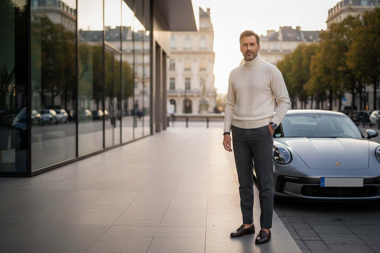 for elit and premium men clothings store banner image, but man is at outside, luxury life shows, also it's wearing like knit sweater